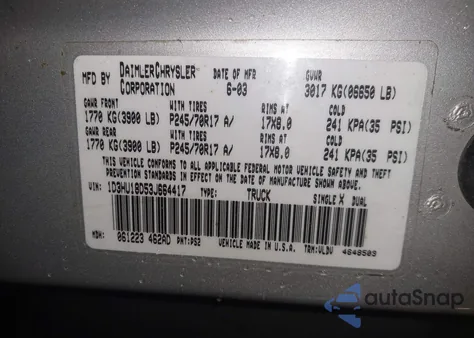 2003 Dodge Ram 1500 Slt/Laramie/St from USA, damaged, VIN 1D3HU18D53J664417